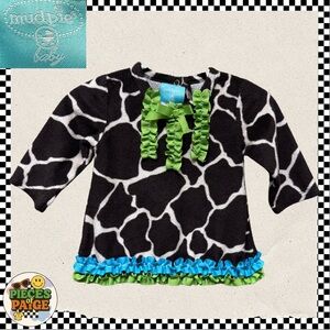 Mud Pie Baby Giraffe Print Ruffle Top – 0-6 Months – Green & Blue Trim